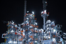Night Scene Of Oil Refinery Plant And Power Plant Of Petrochemical Industry