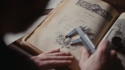 A close-up of the hands of a male jeweler measuring the size of the future product. A book on creating jewelry