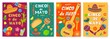 Cinco de mayo festival posters, mexican holiday celebration flyer. Mexico fiesta party invitations with sombrero, guitar, maracas vector set. Traditional symbols, entertainment objects