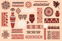 Hand Drawn African Elements, Tribal Shapes And Textile Ornaments. Traditional Ritual Masks, Vases, Ethnic Circles And Borders Vector Set. Mystic Symbols And Dividers, Folk Shapes Isolated