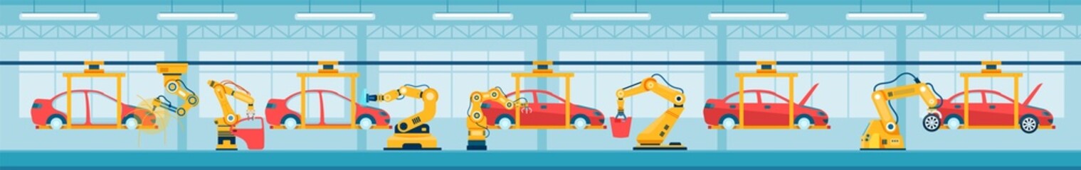 Car automated assembly line with robotic arms, cars manufacturing factory. Automobile production line, automotive industry vector illustration. Engineering service for transportation