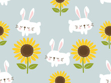 Seamless Pattern With Rabbit Cartoons And Sunflower On Green Background Vector. Cute Nursery Wall Decoration.