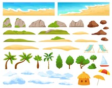 Beach Landscape Elements, Ocean Coast, Palm Trees, Mountains. Cartoon Tropical Island Scene Constructor With Sandy Beach, Clouds Vector Set. Sea Horizon, Hills And Rocks, Relaxation Objects