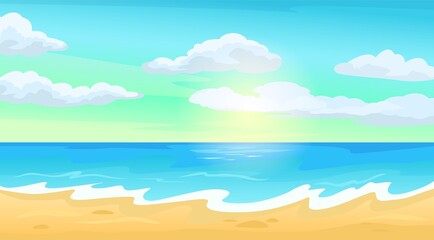  Seashore landscape, tropical sea coast, seascape on sunny day. Summer beach paradise scene, exotic island vacation vector illustration. Ocean, blue sky with clouds and sand for rest
