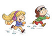 Illustration of children running and playing in the snow
