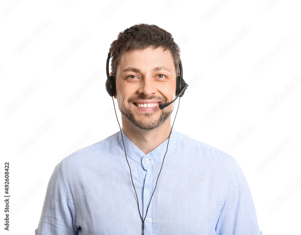 Smiling consultant of call center in headset on white background
