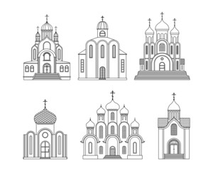 Wall Mural - Vector set with illustrations of the Orthodox Christian Church. A religious building. Outline