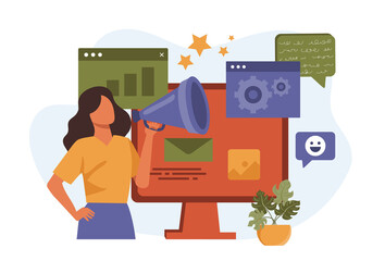 Wall Mural - Digital marketing and advertising concept. People attraction new clients and online promotion. Vector illustration for blogging, website, mobile app, promotional materials