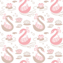 Beautiful Swans In The Pond. Water Lilies. Cute Print For Little Girl. Seamless Pattern. Vector.