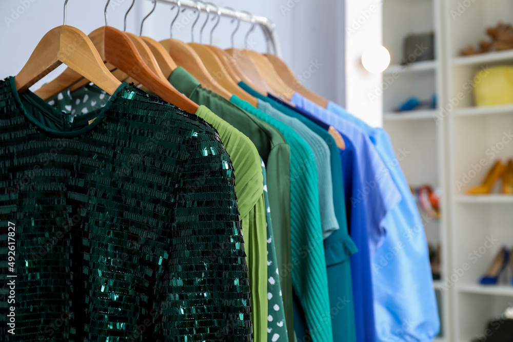 Modern clothes in shop, closeup