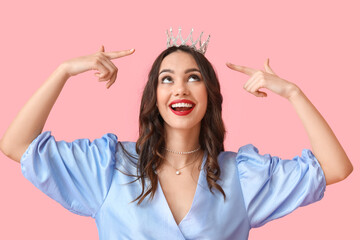 Sticker - Beautiful young woman in stylish dress and tiara on pink background