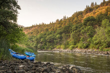 Rafts On The Shore Of A River In Forest Setting