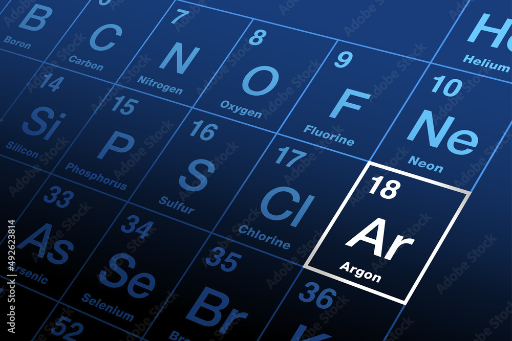 Argon on periodic table of elements. Noble gas, with symbol Ar and ...
