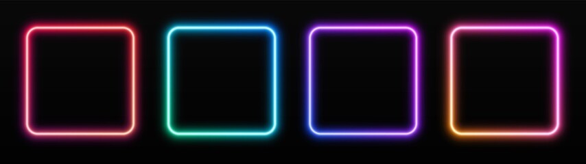 gradient neon square frames set. glowing borders isolated on a dark background. colorful night banne