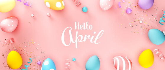 Sticker - Hello April message with colorful Easter eggs and spring holiday pastel colors