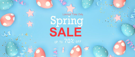 Wall Mural - Spring sale message with Easter eggs with spring holiday pastel colors