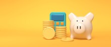 Financial Calculation Theme With Piggy Bank, Calculator And Coins - 3d Render