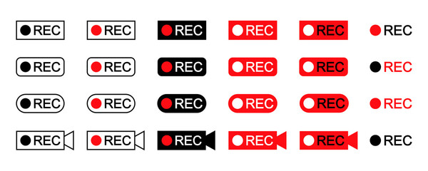 Rec vector icons. Set with recording symbols on white background. Recording sign.