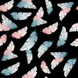 Cute seamless repeat pattern with feathers in pink and blue pastel colors arranged randomly on black.Trendy background and texture for printing on fabrics and paper.Vector hand drawn illustration.