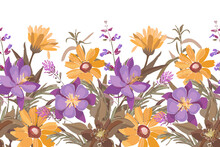 Vector Floral Seamless Pattern, Border. Horizontal Panoramic Illustration With Yellow And Purple Meadow Flowers.
