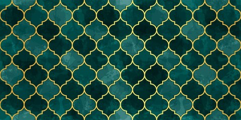 Moroccan Seamless Pattern. Turkish Mosque Window Shape. Arabic Mosaic Watercolor Ornament Background. Eid Mubarak Muslim Decoration. Ramadan Kareem Islamic Illustration