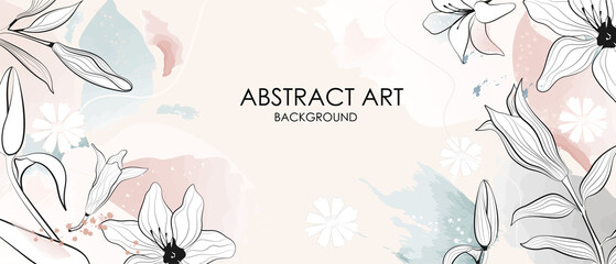 Vector poster with flowers in line art style on a watercolor background. Abstract background.	