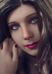 Wall Mural - A 3d digital rendering of a close up of a young woman's face and hand with a cross on a choker.