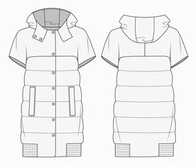 Wall Mural - Women's Waistcoat fashion flat template. Puffer winter down coat. Down jacket fashion technical drawing template. Outerwear fashion design