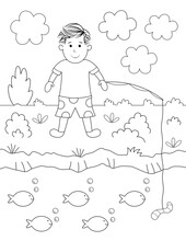 Cute Little Boy Fishing, Coloring Page For Kids. You Can Print It On Standard 8.5x11 Inch Paper
