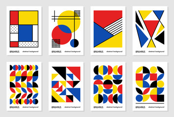 Set of 8 minimal vintage 20s geometric design posters, wall art, template, layout with primitive shapes elements. Bauhaus retro pattern background, vector abstract circle, triangle and square line art