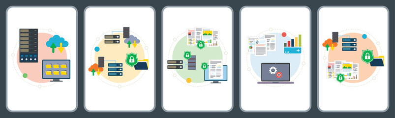 Wall Mural - Mainframe, computer, cloud storage, big data, security and protection icons.