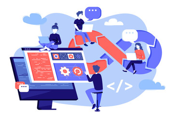 DevOps developers work with computers scene. DevOps engineers web design with people. Development operations composition in flat style. Vector illustration for social media promotional materials.