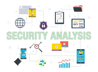 Wall Mural - Security, analysis, project, management, performance and development icons. Concepts of security analysis, project management, performance analysis and application development.