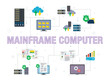 Mainframe, computer, cloud storage, big data, security and protection icons. Concepts of mainframe computer, cloud storage security, data protection, big data machine. 