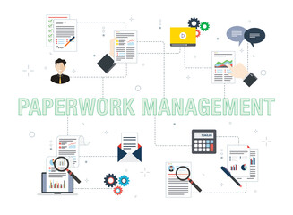 Business, document, management, and analysis icons. Concepts of business document, paperwork management, corporate document, paperwork analysis. 