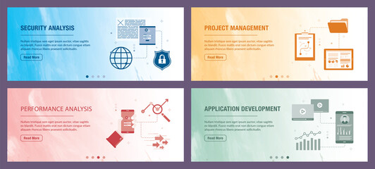 Security, analysis, project, management, performance and development icons. Concepts of security analysis, project management, performance analysis and application development.