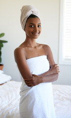 Sticker - I feel so refreshed. Cropped portrait of an attractive young woman wrapped in a towel while standing with her arms folded in the bedroom.