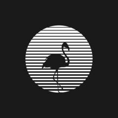 Wall Mural - Retrowave sun 1980s style with the flamingo silhouette. Black and white striped sun with flamingos silhouette. Design element for retrowave style projects. Vector