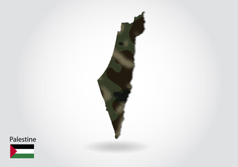 Palestine map with camouflage pattern, Forest - green texture in map. Military concept for army, soldier and war. coat of arms, flag.