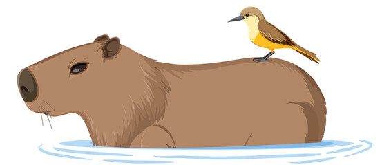 Sticker - Capybara with a bird in cartoon style