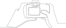 Simple Continuous Line Drawing Photograph's Hands Holding DSLR Photo Camera Isolated On The Background.  DSLR Camera Back Side In Hand. Scenes From The Studio. Vector Illustration.