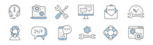 Customer Support Service, Call Center Icons. Vector Doodle Set Of Contact Center And Hotline Symbols With Operator In Headset, Laptop With Information Manual, Mobile Phone, Technical Tools