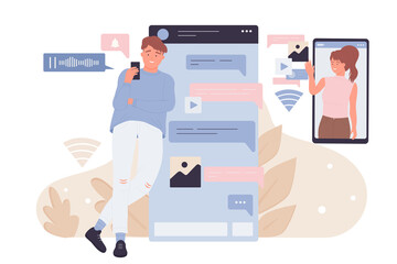 Wall Mural - People using mobile phones for voice messages vector illustration. Cartoon young man and woman record and send audio messages for communication in chat of messenger. Voicemail, social media concept