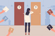 Woman standing near two doors to choose right or left entrance to room vector illustration. Cartoon many hands of people holding question marks about correct creative choice, person with dilemma