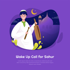 Wall Mural - A Muslim makes a wake-up call for Ramadan sahur illustration