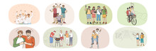 Set Of Diverse Young People Have Fun Enjoy College Or University Years. Collection Of Happy Teenagers Or Students Relax With Friends On Summer Vacation. Youth, Friendship. Vector Illustration. 