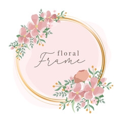 Canvas Print - Gold circle frame with pink botanical floral, flower wedding invitation card element with beautiful watercolor style