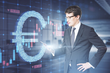 Wall Mural - Attractive european businessman using smartphone with abstract glowing growing forex chart and euro currency sign on blurry office interior background. Trade, finance and economy concept. 