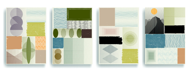Modern layout with minimalist design elements . Grunge textured shapes in Boho style  . Wall art , home deco . Vector abstract shape. Modern art . Contemporary layouts set .