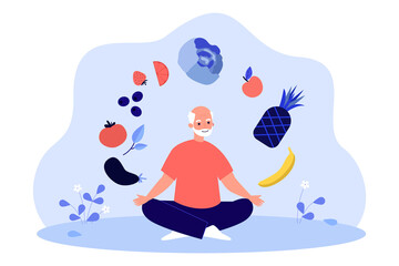 Elderly man sitting in yoga pose with flying vegetables. Old person eating and cooking healthy food flat vector illustration. Nutrition, diet concept for banner, website design or landing web page
